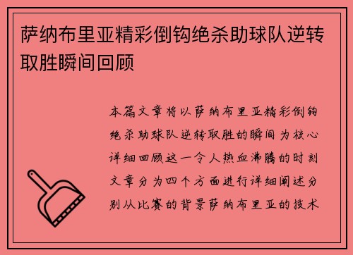 萨纳布里亚精彩倒钩绝杀助球队逆转取胜瞬间回顾 萨纳布里亚精彩倒钩绝杀助球队逆转取胜瞬间回顾